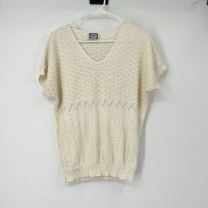VTG Keneth Too Plus Ivory Open Knit SS Sweater USA Demure Coquette Classic Retro